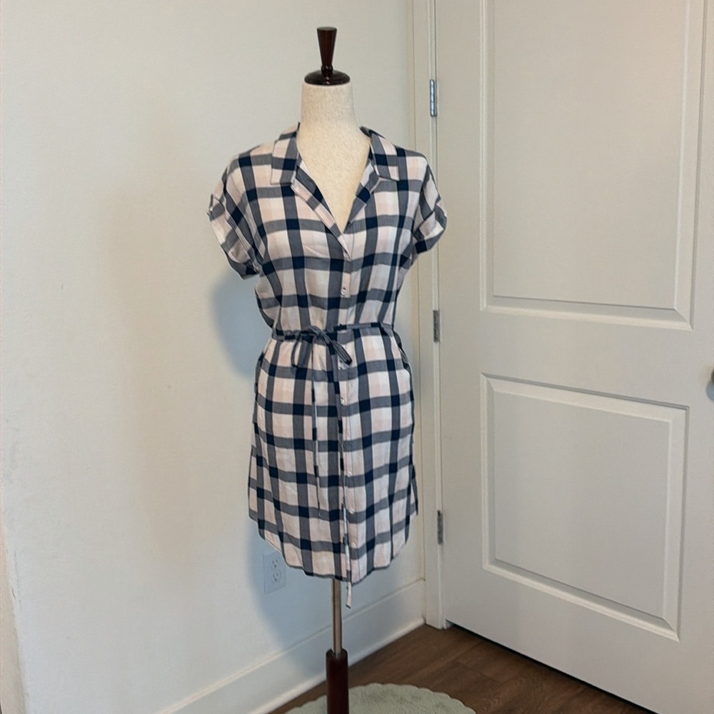 cloth & stone Navy and White Plaid Shirt Dress with Tie Waist
